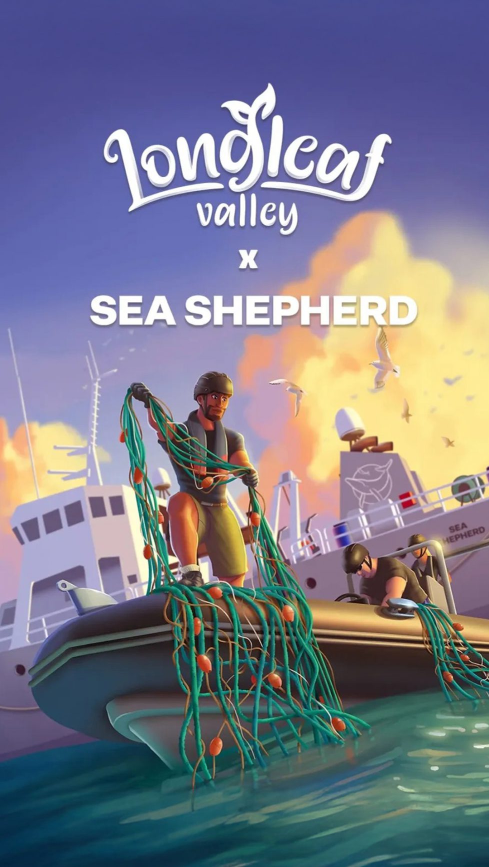 The launch graphic for the mobile phone game, Longleaf Valley x Sea Shepherd